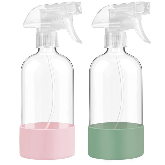 Glass Spray Bottles with Silicone Sleeve Protection, 16 oz Empty Refillable Containers, Reusable Spray Bottles with Adjustable Nozzle for Hair, Cleaning Solutions,Plants , 2 Pack Olive Green&Pink