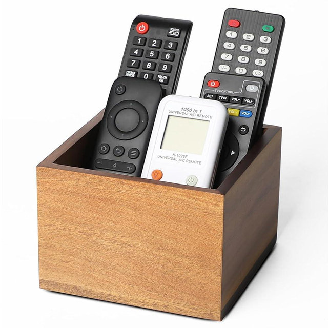 LBEMEY Remote Control Holder Caddy,Farmhouse Acacia Wood TV Remote Holder, Vintage Desk Caddy, Remote Organizer for Table (Brown for 3+ Remote Controls)