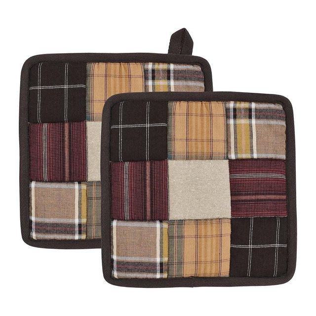 VHC Brands Cotton Pot Holder Set of 2, Heat Resistant, Kitchen Potholders, Wyatt Collection, Square 8x8, Crimson