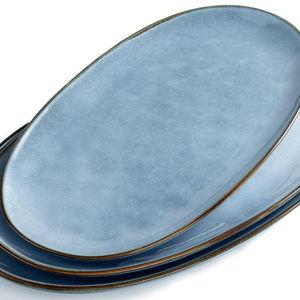 famiware Serving Platter, Oval 15.59/14.3/12.9 inch Serving Dishes for Entertaining, Serving Bowls, Microwave Safe, Stonware Serving Trays for Party, Turkey, Cheese, Ocean Series, Blue