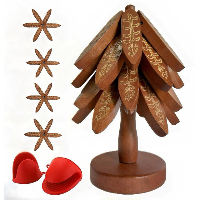 Wooden Trivets for Hot Dishes, Tree Shape Trivet Set, 4 Walnut Wood + 1 Stand stored Like a Christmas Tree,Foldable Kitchen Wooden Trivet,for Hot Dishes、Pot、Bowl、Teapot(Walnut Wood), Non-Slip Design