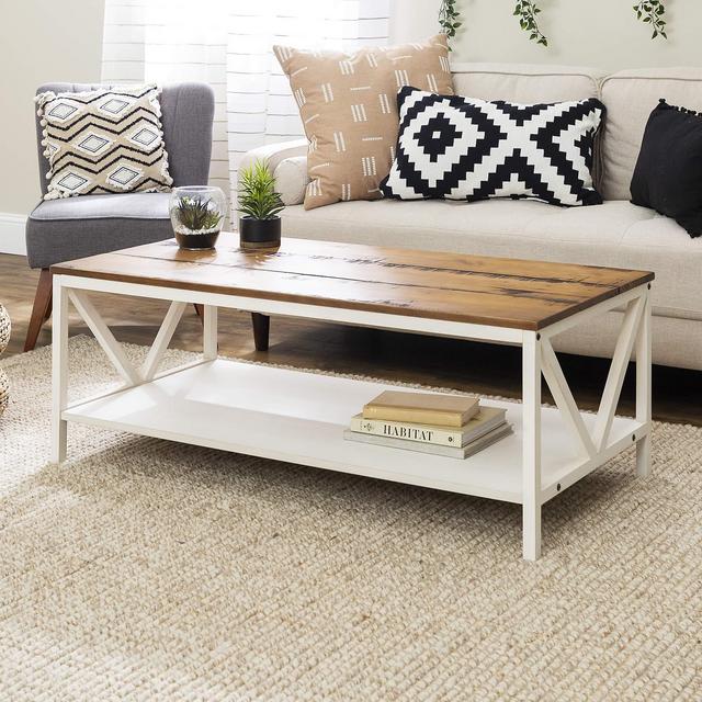 Walker Edison Modern Farmhouse Distressed Wood Rectangle Coffee Table Living Room Ottoman Storage Shelf, 48 Inch, White and Rustic Oak