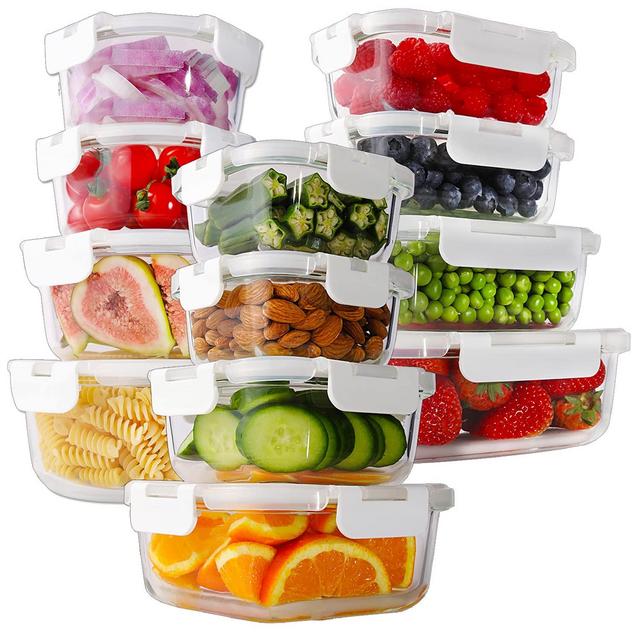 Bayco 24 Piece Glass Food Storage Containers with Lids, Glass Meal Prep Containers, Airtight Glass Lunch Bento Boxes, BPA Free Leak Proof (12 lids 12 Containers) - White