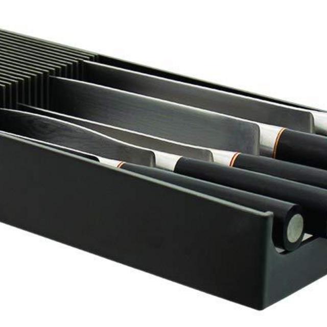 Plastic KNIFEdock - In-Drawer Knife Storage for your kitchen. Replace your knife block with a revolutionary product. Clear your counter top of clutter, and easily identify the desired knife. KNIFEdock