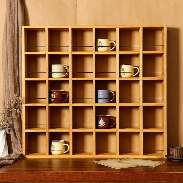 Kigley Oversize Coffee Mug Display Rack Wooden Shelves Rustic Shot Glass Display Case Travel Mug Shelf Wall Mounted Rack Holder Shadow Box (5 x 6,Light Nut-Brown)