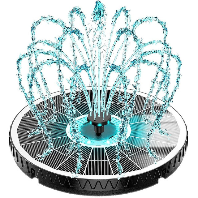 Yzert 2026 Remote Solar Powered Fountain, 6W Glass Bird Bath Fountain with 4000mAh Battery, 7 Nozzles, 4 Fixers & 8 Colorful LEDs, Adjustable Water Height for Outdoor Garden Pond Pool
