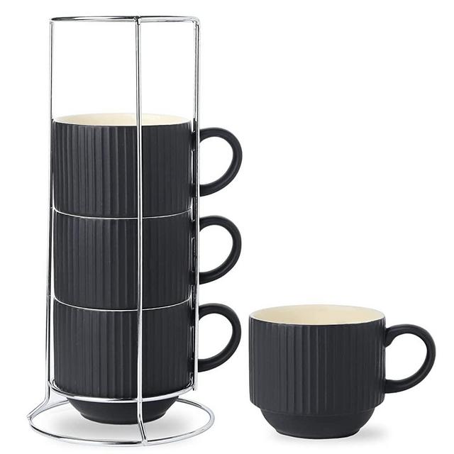 Hasense Coffee Mug Ceramic Set of 4 with Stand - 15 oz Stackable Large Porcelain Ribbed Latte Cup Set for Cappuccino, Tea, Espresso, Hot Cocoa, Drinks - Dishwasher & Microwave Safe