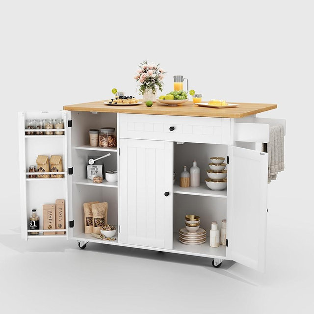 GRUSIGN Kitchen Island with Storage, 41.7" Width Rolling Cart with Drawer, Rolling Kitchen Island on Wheels with Drop Leaf, Towel Rack, and Drawer, White, 41.7" L x 29.5" W