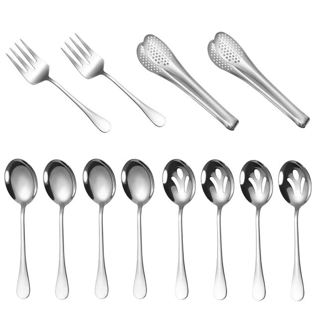 Large Serving Utensils,12 Pcs Stainless Steel Serving Set with Serving Spoons,Serving Fork,Serving Tongs,Polished Serving Utensil Set for Buffet Parties Home,Dishwasher Safe