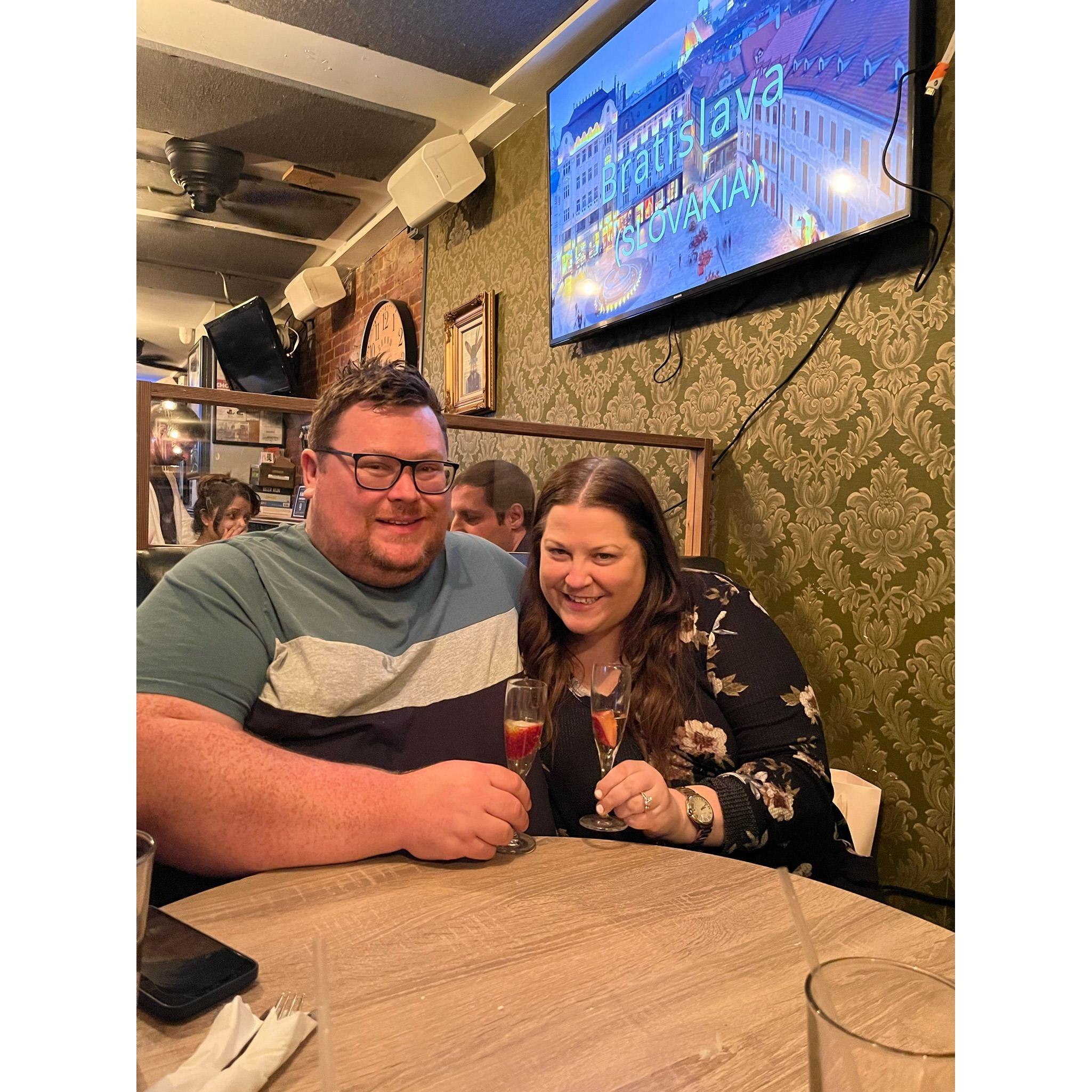 What better way to celebrate getting engaged than going to Trivia 5 minutes later?