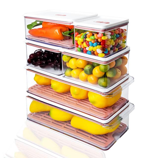 MineSign 6 Pack Plastic Stackable Food Storage Containers With Vented Lids And Drain Tray For Refrigerator Pink Produce Saver Organizer Keeper Bins For Fridge Freezer Cabinet Kitchen Organization