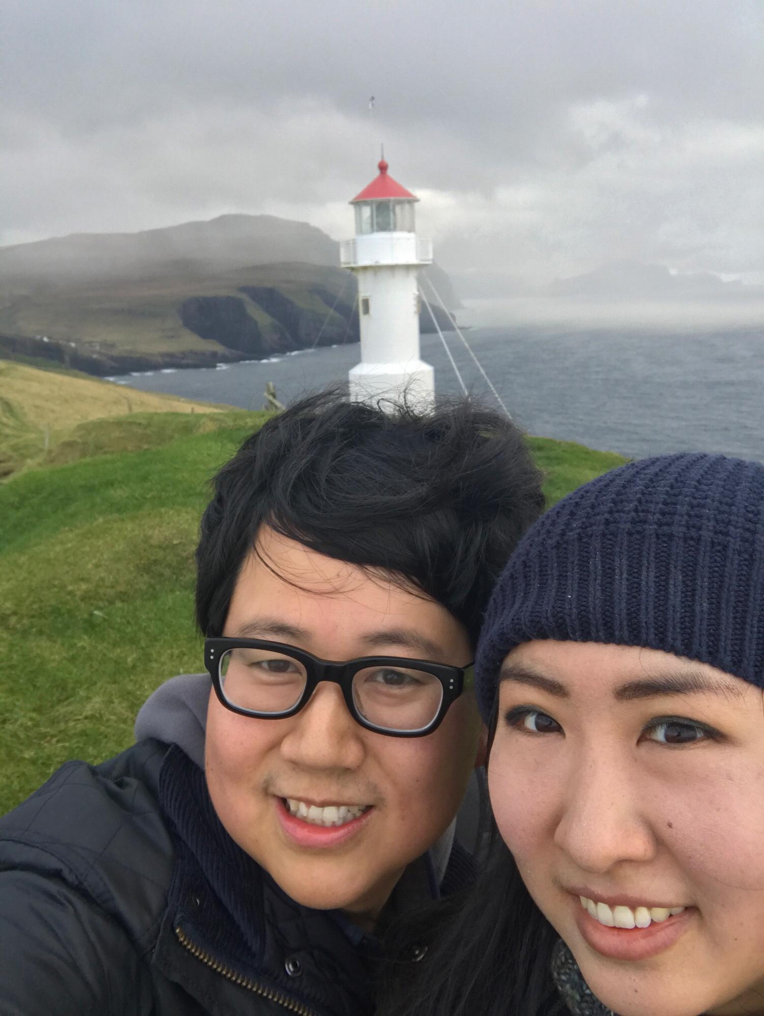 Here's us after a harrowing trek to a remote lighthouse in the Faroe Islands.