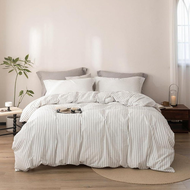 Warm Moment Stripe Duvet Cover Queen Size 90inch x 90inch, 100% Washed Cotton Linen Feel Pinstripe Duvet Cover with Zipper Closure and 2 Pillowcases, Color of White-Dark Grey Stripe