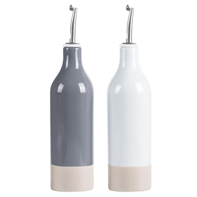 famiware Milkyway 16oz Ceramic Olive Oil Dispenser Bottle, Olive Oil and Vinegar Dispenser Bottle Set of 2 with Stainless Steel Pourers, Suitable for Storage Vinegar, Liquids, Light Gray and Dark Gray