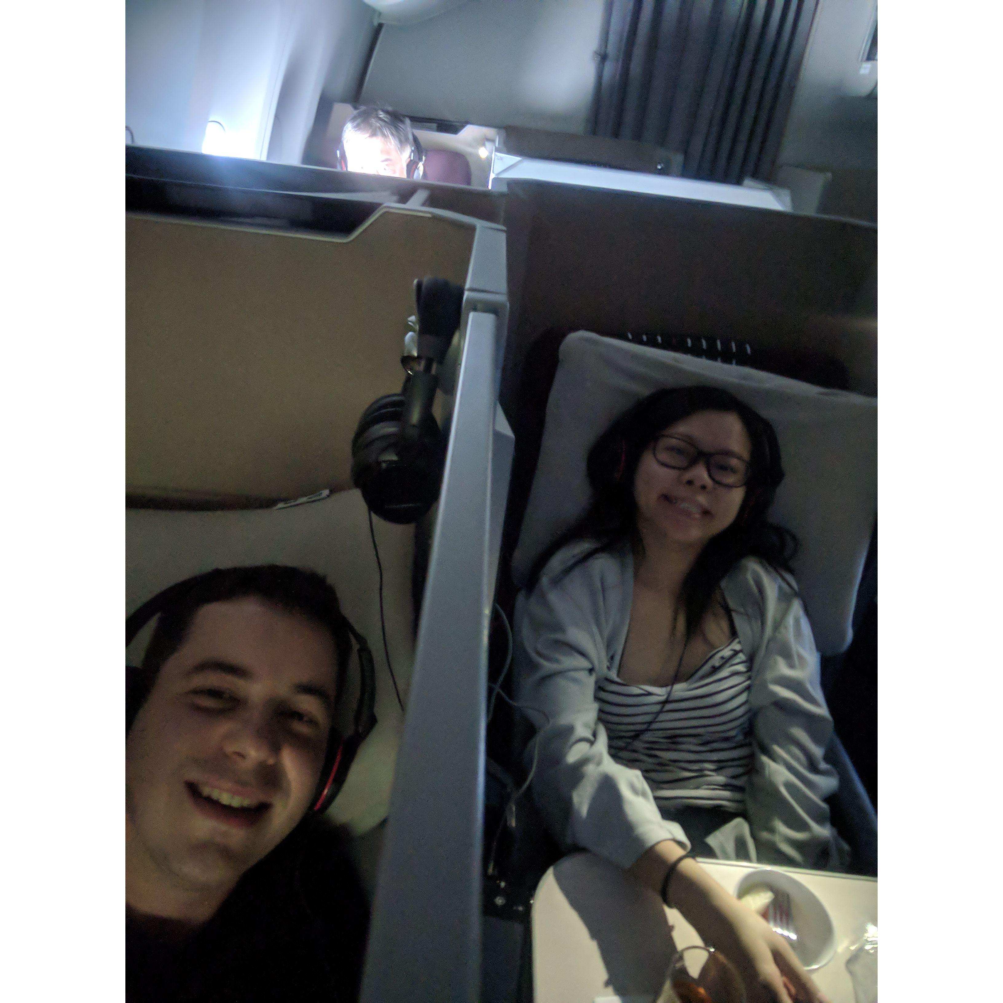 Our first business class flight on the way to Korea.