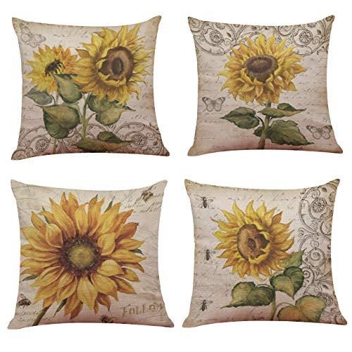 Ogrmar 4PCS 18"x18" Throw Pillow Covers Christmas Decorative Couch Pillow Cases Cotton Linen Pillow Square Cushion Cover for Sofa, Couch, Bed and Car (Sunflower)