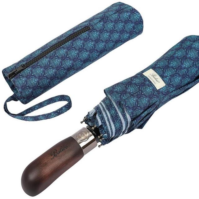 Balios Travel Folding Umbrella with Real Wood Handle Auto Open Close Vented Windproof Canopy - Designed in UK