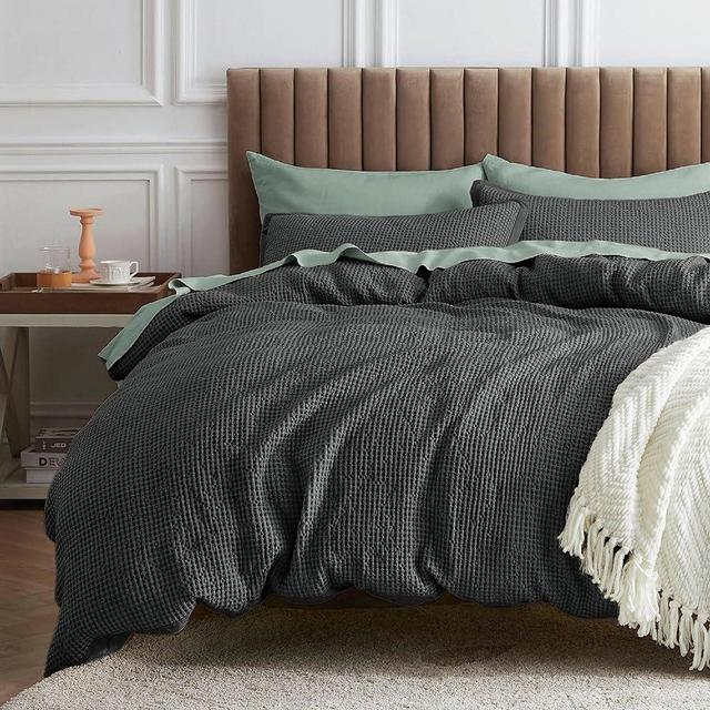 Bedsure Waffle Comforter Set Queen, Charcoal Soft Cotton Bedding, Waffle Weave Bed Set, 3 Pieces, 1 Comforter (90"x90") and 2 Pillow Shams, Premium Cotton Cover with Polyester Fill for All Seasons