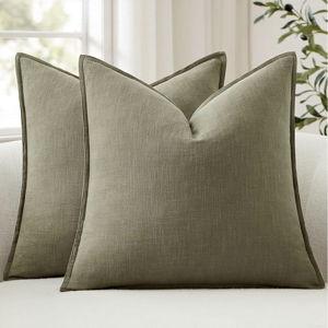 ANRODUO Pack of 2 Decorative Linen Pillow Covers Light Olive Green Neutral Farmhouse Boho Soild Cushion Case Soft Accent Pillowcase for Couch Sofa Bedroom Living Room Spring Home Decor 20 x 20 Inch