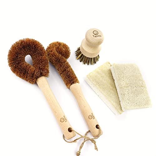 Tierra Non-Scratch Kitchen Dish Brush & Scrub Sponge Cleaning Set | 5 Pieces | 100% Biodegradable & Sustainable