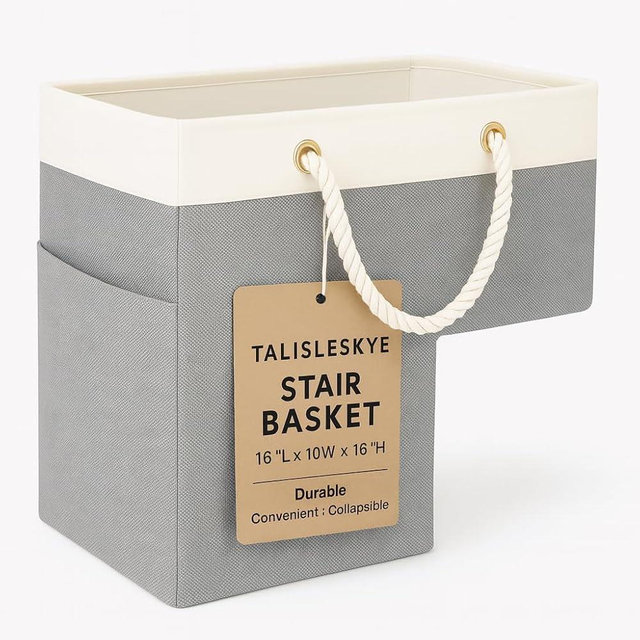Stair basket,foldable staircase baskets with handles,stair basket for wooden and carpeted stairs.