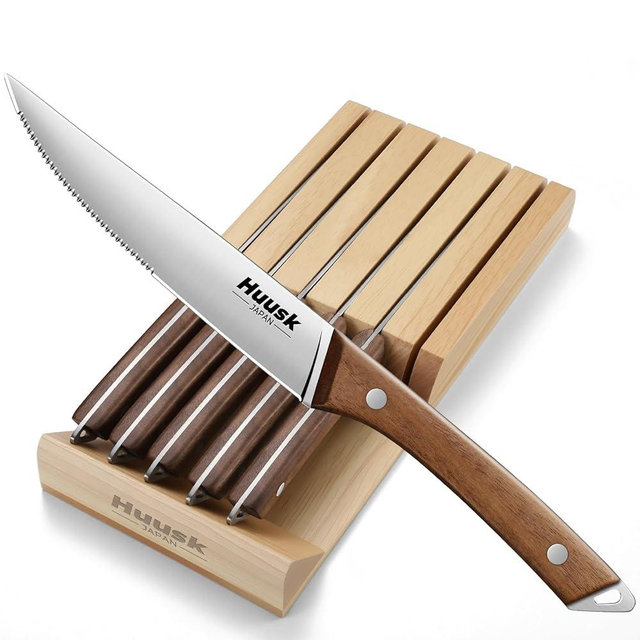 Huusk Steak Knives Set of 6 with Drawer Organizer-4.5 in Japanese Serrated Steak Knife Set with Block, Serrated & Straight Dual-Edge, Stainless Steel Steaks Knives with Holder, Gift Box for Men Wowen