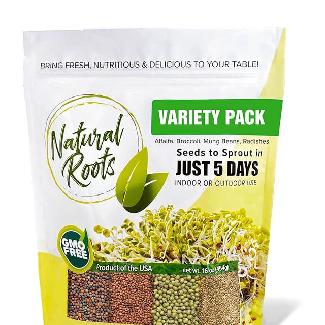 Variety Pack Sprouting Seeds. One Pound. Includes one Pack of Broccoli, Alfalfa, Radish & Mung Beans. for Sprouts and Microgreens. Non-GMO. Seeds for Jar or Trays. Each Pack is a Quarter Pound