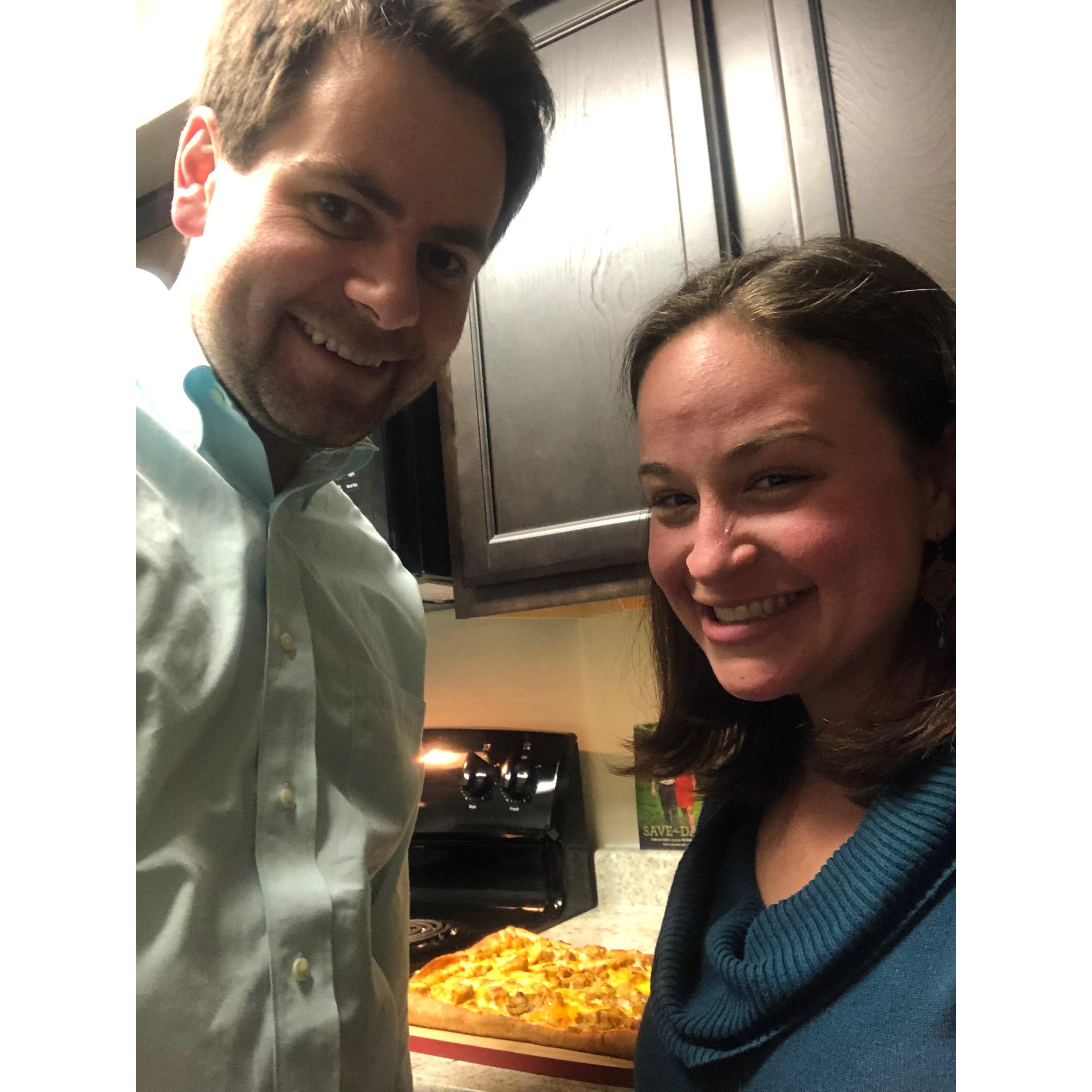 Our first Valentine's Day together. We made buffalo chicken pizza (the meal we had on our first date). February 2019.