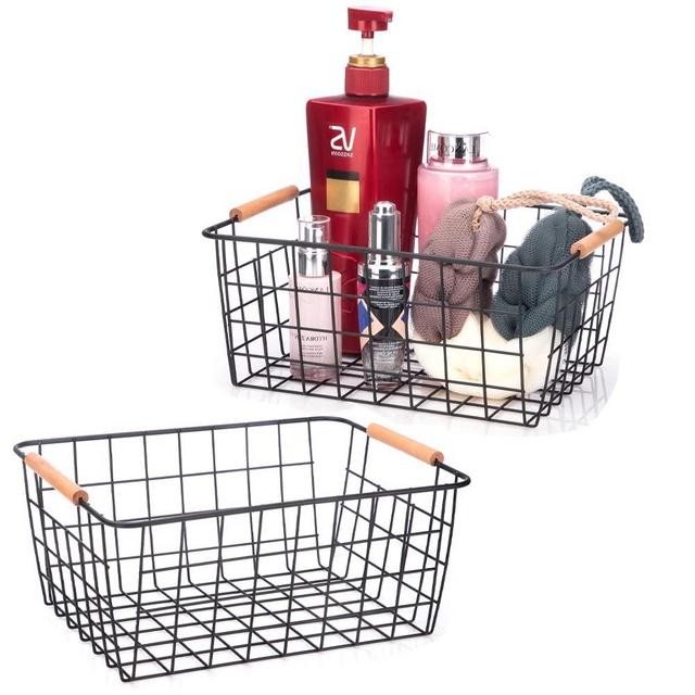 LeleCAT Wire Baskets with Wooden Handles Wire Storage Organizer Bin Baskets, Pantry, Closets, Bedrooms - Set of 2（Black）