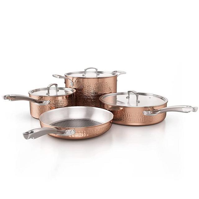Homaz life Pots and Pans Set, Tri-Ply Stainless Steel Hammered Kitchen Cookware, Induction Compatible, Dishwasher and Oven Safe, Non-Toxic, Professional Grade Cooking Sets, 7-Piece, Rose Gold