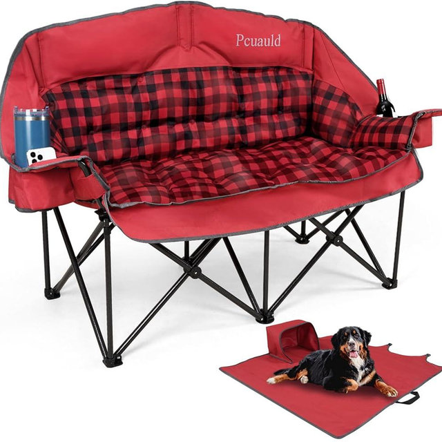 Pcuauld Double Camping Chair, Padded Loveseat Camp Couch for Adults, Oversized 2 Person Love Seat with 2 in 1 Carry Bag, Heavy Duty Folding Outdoor Sofa with Cup Holders for Lawn Beach Tailgating, Red