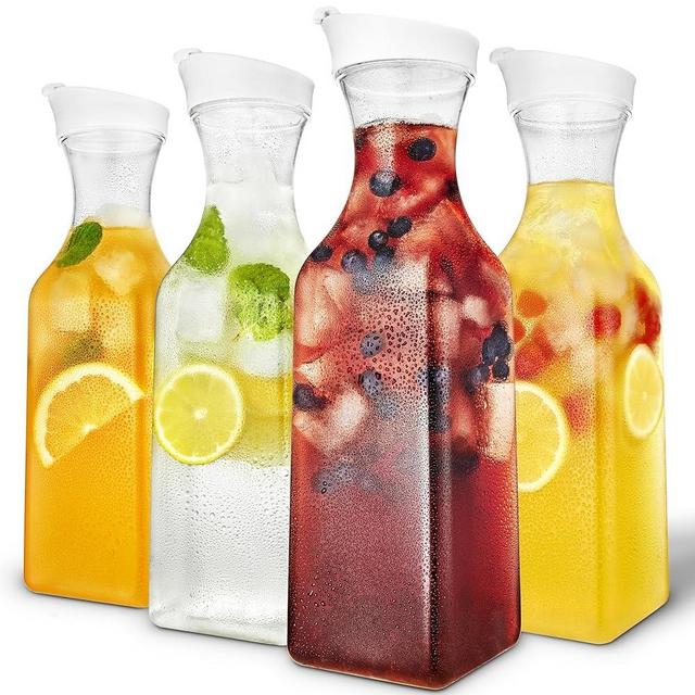 Stock Your Home 50 oz Square Carafes Plastic Juice Carafe with Lids (Set of 4) 50 oz Carafes for Mimosa Bar, Drink Pitcher with Lid, Water Bottle, Milk Container, Clear Beverage Containers for Fridge