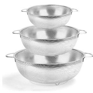 HaWare Colander Set of 3, Stainless Steel Colanders with Handle, Metal Colander Perforated Strainer for Kitchen Pasta/Vegetable/Rice/Fruit/Food - Dishwasher Safe- （16/22/28 cm）