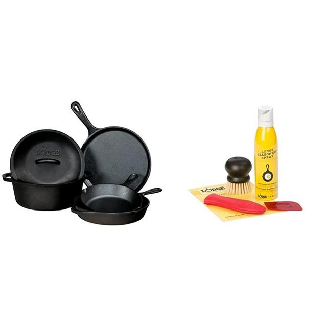 Lodge Pre-Seasoned Cast Iron 5 Piece Set, Black & Seasoned Cast Iron Care Kit 5-Piece Set, One Size, Assorted