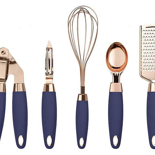 COOK With COLOR 7 Pc Kitchen Gadget Set Copper Coated Stainless Steel Utensils with Soft Touch Nylon Navy Handles