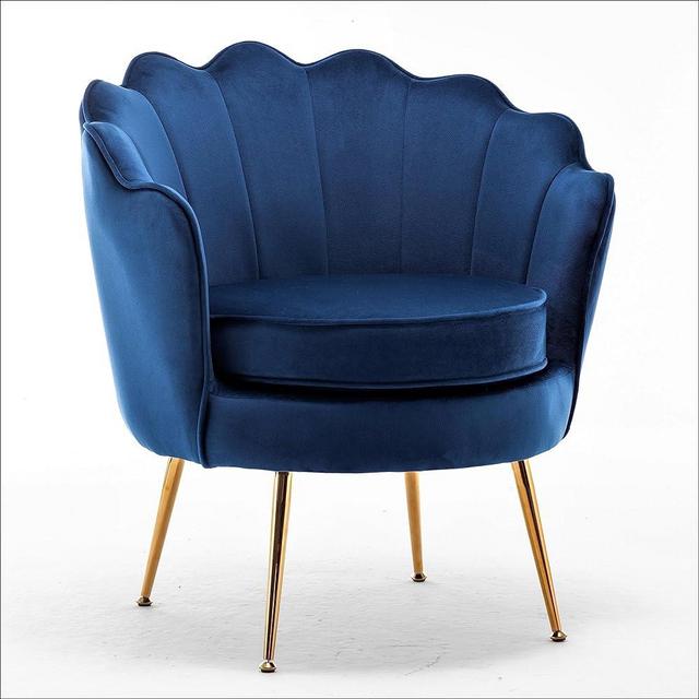 Container Furniture Direct Velvet Barrel Accent Chair with Scalloped Silhouette and Gold Metal Legs, Decorative Piece Suitable for Traditional, Modern, and Contemporary Spaces, Navy Blue