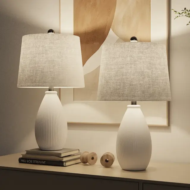 Maxax White Ribbed Ceramic Table Lamps Set of 2，Artistic Desk Lamps for Bedroom Nightstand/Living Room