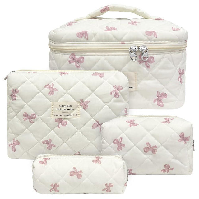 4 Piece Cute Pink Bow Quilted Makeup Bag Set, Large Capacity Travel Makeup Bags for Women and Girls, Includes Small, Small-Medium，Medium, and Large aesthetic makeup&Cosmetic Bags (4PCS-Pink Bow)
