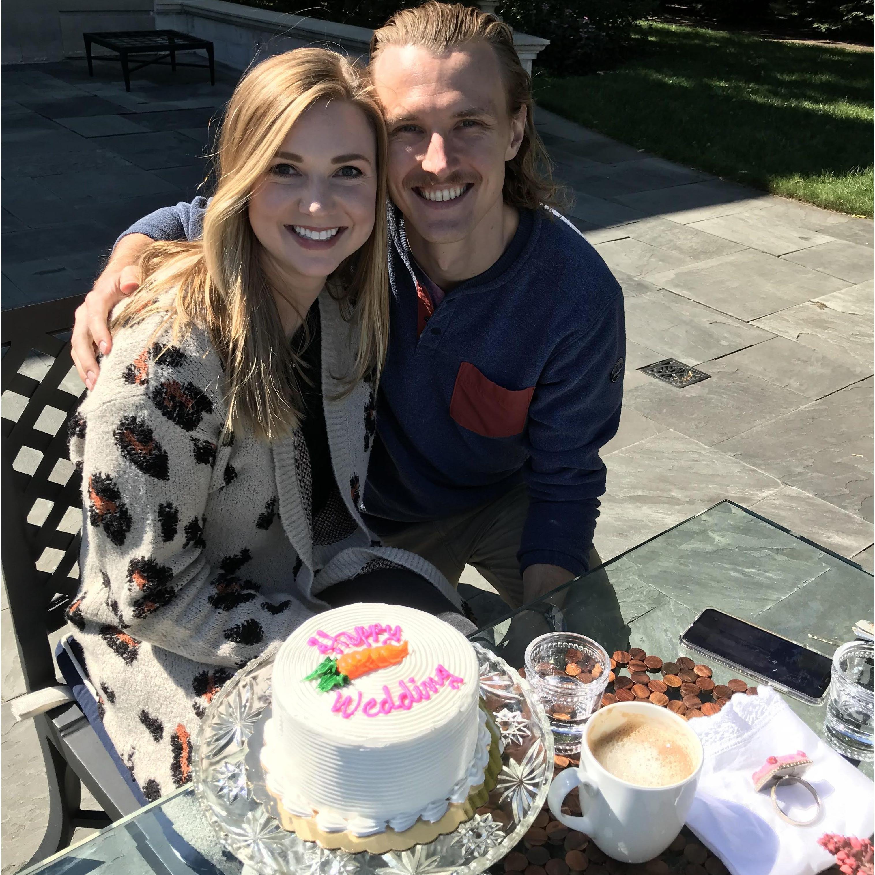 The day we decided on our venue! Susie bought us a "Happy Wedding" cake with a carrot on it and it was amazing.