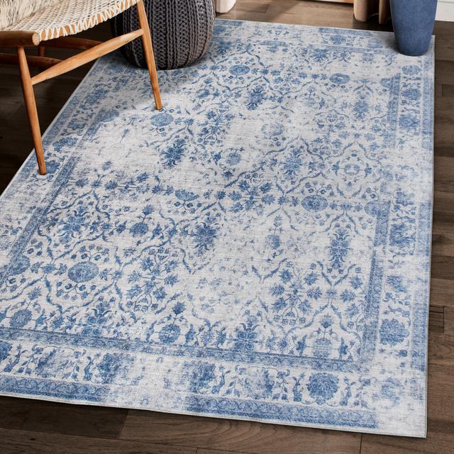 ReaLife Rugs Machine Washable Printed Vintage Distressed Trellis Gray-Blue Eco-friendly Recycled Fiber Area Runner Rug (7'6" x 9'6")