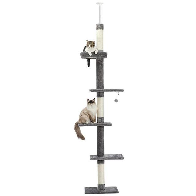 PETEPELA Cat Tree 5-Tier Floor to Ceiling Cat Tower Height Adjustable (95-107 Inches), Tall Kitty Climbing Activity Center with Scratching Post, Cozy Bed, Dangling Ball for Indoor Cats Upgraded Grey