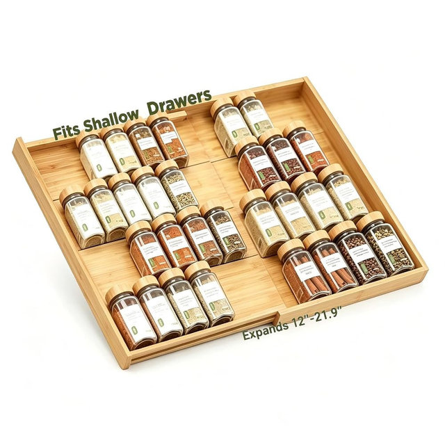 Bamboo Spice Drawer Organizer Expandable(Need 2.6" Deep Drawer), 4-Tier Spice Rack Drawer Insert for Kitchen Cabinets(From 12" to 21.9" Wide), Adjustable Seasoning Storage Insert (Jars Not Included)