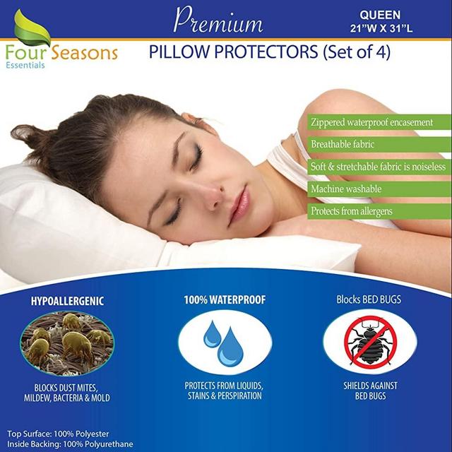 Four Seasons Essentials Queen Size Waterproof Pillow Protectors (Set of 4) – Zippered Allergy Pillowcase Cover Dust Proof Encasement