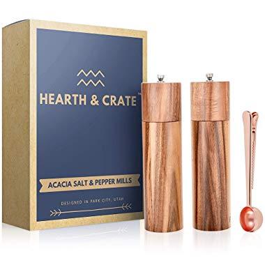 Wooden Salt and Pepper Grinder Set | Salt and Pepper Mill w/Rose Gold Scoop | Pepper Grinder, Sea Salt Shaker Grinder | Salt and Pepper Mills Shaker Grinders | Salt & Pepper Shakers, Seasoning Shaker