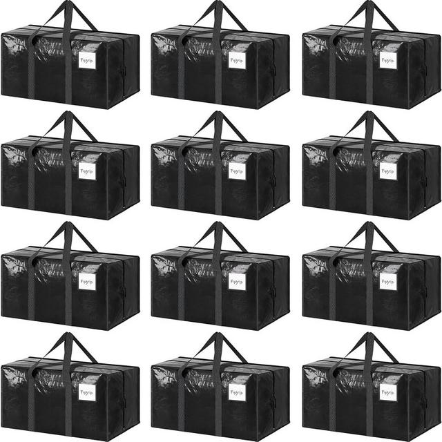 12 Pack Extra Heavy Duty Large Moving Bags with Strong Zipper & Comfortable Handles, Sturdy & Durable Clothes Storage Bags Totes Bins, Packing Moving Boxes for College Supplies, Black