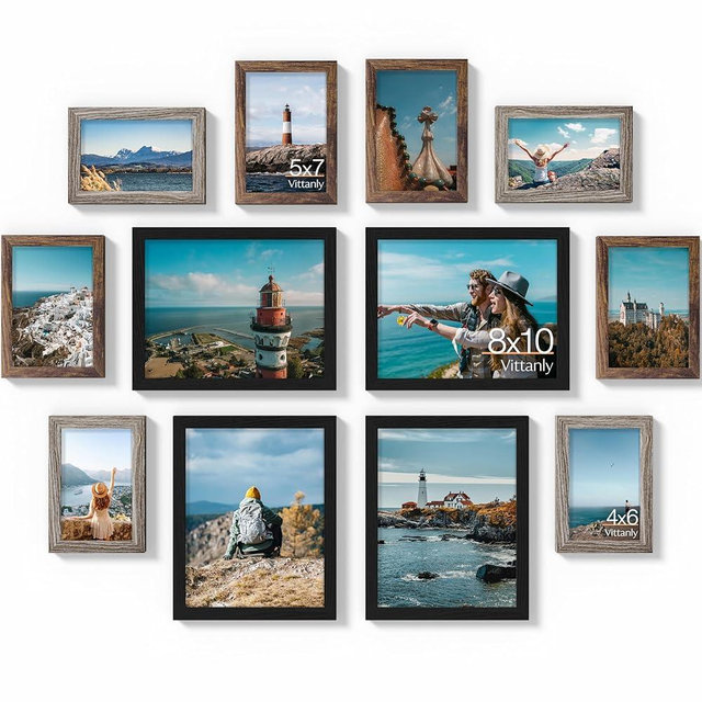 Vittanly 12 Pack Picture Frames Collage Wall Decor for Mounting or Tabletop Display, Gallery Wall Frame Set for Family, Multi Sizes Including 4pcs 8x10, 4pcs 5x7, 4pcs 4x6, Black, Brown and Dark Grey