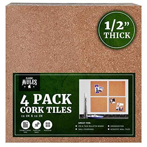 Premium Cork Tiles 12"x12" - 1/2" Thick Cork Board - Bulletin Board - Mini Wall - Ultra Strong Self Adhesive Backing - 4 Pack