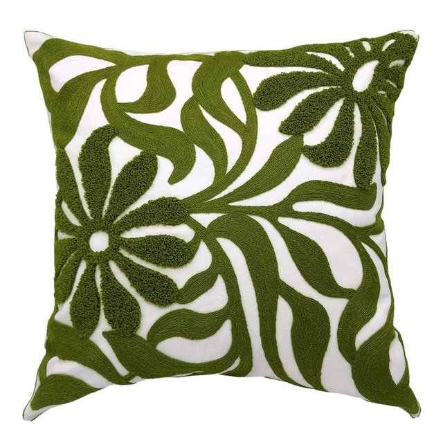 Alysheer Farmhouse Floral Leaves Embroidered Decorative Throw Pillow Cover 18x18 inches, Boho Tufted Flowers Embroidery Pattern Chic Cotton Cushion Case for Couch Bed Sofa Living Room(Olive Green)