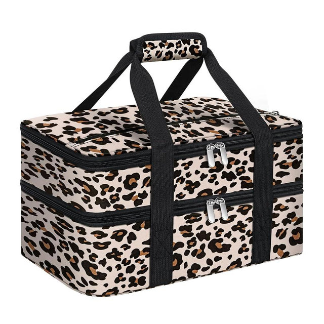 MIAOJIE Double Insulated Casserole Carrier, Portable Casserole Carrier for Hot or Cold Food Lunch Tote Warmer or Cooler Bag, Lasagna Lunch Bag for Potluck Parties- Fits 9" x 13" Baking Dish-Leopard