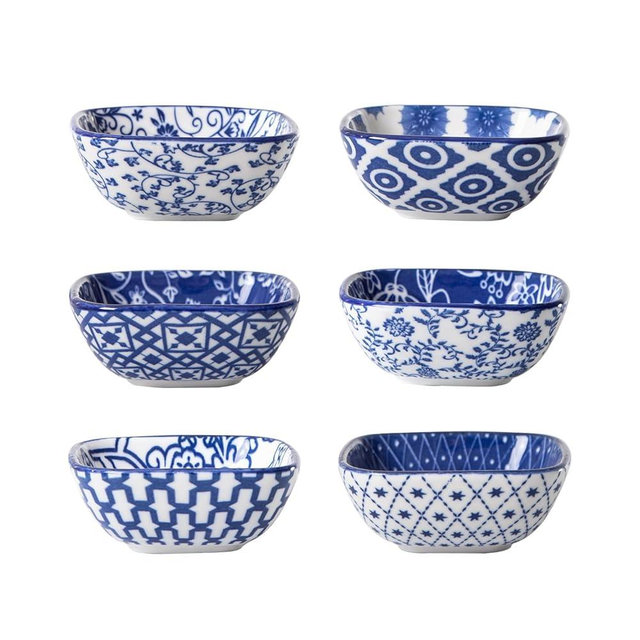 Cerkik Ceramic Square Dipping Bowl - 2.6 OZ Soy Sauce Dish 3 inch Small Bowls Set for Charcuterie Condiments Side Dish BBQ, Ramekins Pinch Bowls for Kitchen Prep - Set of 6 - Vintage Blue